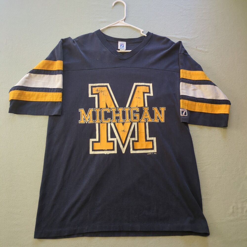 Vintage 80s Logo 7 Michigan Wolverines Big M Jersey V-Neck T-Shirt Made USA XL